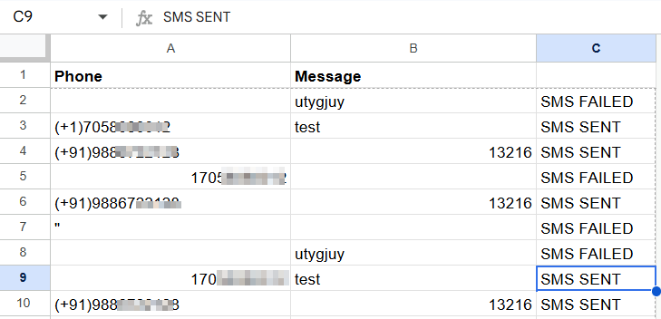 Google Sheets interface showing phone number and message columns setup